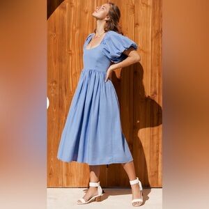 NWT Bali ELF Made By Hand Linen Cherie Puff Sleeve Midi Dress Caribbean Blue XL